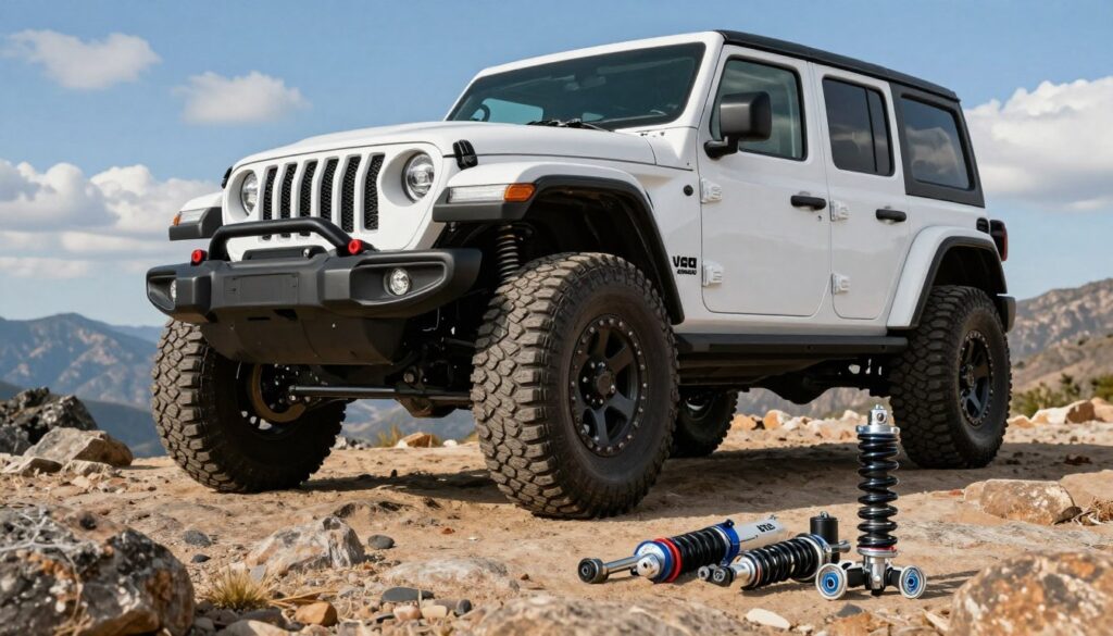 A detailed 2.5-inch lift kit designed for a Jeep Wrangler JL, prominently displayed in the foreground. Showcase the Rough Country 2.5&rdquo; Lift Kit and the N3 Shocks, highlighting their rugged components such as springs and shock absorbers, with a focus on quality and engineering precision. The middle ground features a Jeep Wrangler JL, elevated with the lift kit, parked on rocky terrain to emphasize off-road ability. The background includes a scenic vista of mountains under a bright blue sky, with soft clouds. Use natural lighting to enhance the textures of the lift kit and vehicle, captured with a wide-angle lens for a dynamic perspective. The mood should be adventurous and rugged, portraying a sense of excitement for off-road enthusiasts.