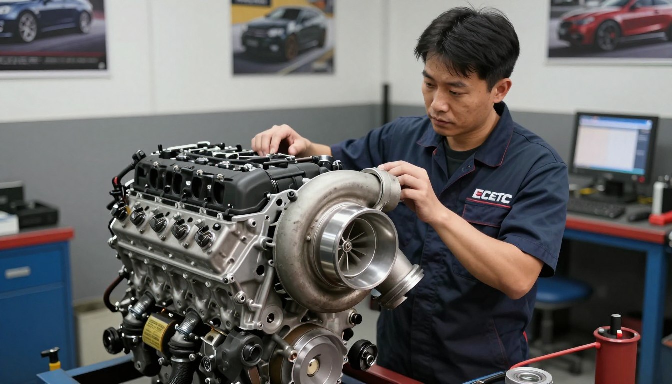 A detailed and realistic illustration of an Ecotec 1.4L Turbo engine in a workshop setting. In the foreground, focus on the engine showcasing its complex turbocharger system with gleaming metallic components and highlighted details, demonstrating wear and tear. The middle ground should feature a mechanic in professional attire, inspecting the engine thoughtfully, with tools and diagnostic equipment nearby. The background can show a clean and organized mechanic shop, with automotive posters on the wall, and soft, overhead lighting that creates a focused, professional atmosphere. The mood should convey a sense of inquiry and discovery, emphasizing the owner&rsquo;s perspective on issues related to engine performance.