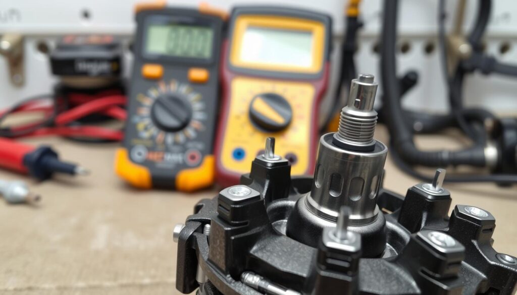 A detailed close-up image of a distributor rotor set against a neutral backdrop. The rotor should be prominently featured in the foreground, showcasing its intricate components, such as the contact points and the rotor arms, with polished metal and plastic finishes. In the middle ground, display a multimeter with clear digital readings, emphasizing its use in electrical testing. The background should be softly blurred to maintain focus on the rotor and multimeter while suggesting a workshop environment with subtle hints of tools and mechanical parts. The lighting should be bright and even, highlighting the textures of the rotor and creating a professional, educational atmosphere. The angle should be slightly elevated to capture the rotor's details effectively.