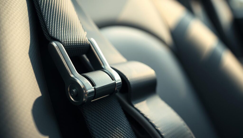 A detailed close-up of a seat belt locking mechanism, showcasing its intricate components. The foreground features the metallic buckle and latch, glistening under soft, diffused lighting to highlight the textures and reflections. In the middle ground, the belt itself is partially extended, displaying the fabric's weave and color. The background is blurred, suggesting the interior of a vehicle, with soft shadows that enhance the focus on the mechanism. The overall mood is technical and insightful, aimed at illustrating the complexities and potential failures of manual resetting. The camera angle is slightly tilted, capturing both the horizontal and vertical elements of the mechanism, while ensuring a clean, professional appearance without any distractions or extraneous objects.