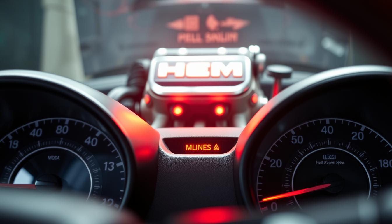 A detailed close-up of an automotive dashboard featuring a bright, glowing MDS (Multi-Displacement System) activation light. The light should be illuminated in a striking red color, drawing attention to its significance. The foreground includes an analog speedometer and other instrument panels with a sleek, modern design. In the background, a blurred view of a well-maintained HEMI engine is visible through a transparent hood, hinting at the power beneath while maintaining focus on the dashboard details. Soft, focused lighting highlights the dashboard elements, creating a polished and professional atmosphere. Capture the image from a slight angle to emphasize depth and the connection between the MDS light and the engine performance.