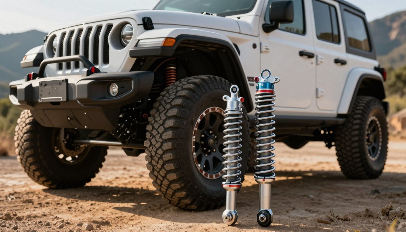 A detailed close-up of high-performance Jeep Wrangler shocks displayed prominently in the foreground, showcasing their rugged design and intricate engineering details. The middle section features a lifted Jeep Wrangler JL, highlighting the suspension system and emphasizing the shocks used for different lift sizes. The background softly fades into a natural outdoor setting, with rugged mountain terrain and trees, creating a sense of adventure. The scene is lit with warm, natural sunlight coming from the left, casting soft shadows that enhance the textures of the shocks and the vehicle. The overall atmosphere should convey a sense of durability and outdoor exploration, perfect for off-road enthusiasts looking for performance upgrades.