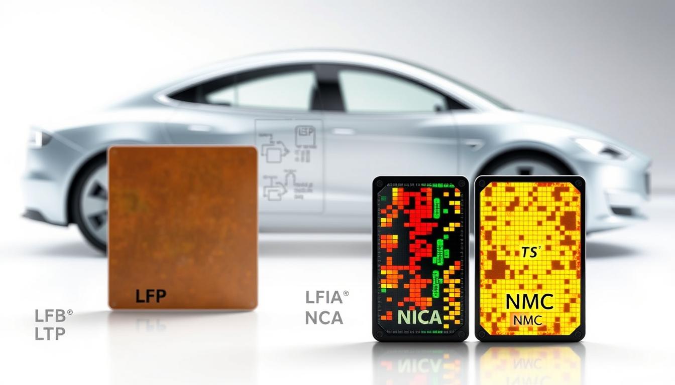 A detailed comparison of Tesla's battery technologies, with a focus on LFP, NCA, and NMC batteries. In the foreground, showcase three distinct battery cells, each labeled and arranged artistically to highlight their characteristics. The LFP cell should have a warm, earthy tone, the NCA cell a sleek metallic finish, and the NMC cell a vibrant, high-tech appearance. In the middle layer, include schematic diagrams or technical charts illustrating their capacities and efficiency, slightly blurred to maintain focus on the batteries. In the background, depict a modern Tesla vehicle with a minimalist design, bathed in soft white light to generate a clean, futuristic feel. The overall atmosphere should convey innovation and energy, suitable for a professional article.