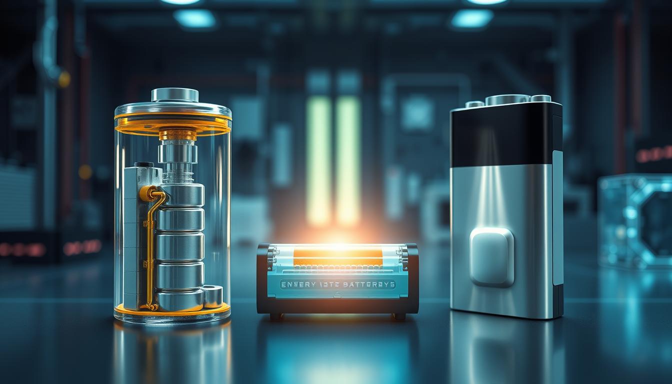 A detailed comparison of lithium-ion batteries and solid-state batteries, showcasing their distinct features. In the foreground, display a high-quality lithium-ion battery with a transparent casing revealing its internal components, emphasizing the liquid electrolyte. Beside it, a solid-state battery with a sleek design, showcasing its solid electrolyte and modern aesthetics. In the middle ground, illustrate an engaging cross-section view highlighting the differences in construction and technology. Use bright, even lighting to create a high-tech laboratory atmosphere, focusing on technology and innovation. The background features subtle elements like circuit boards and electronic components, reinforcing the theme of energy storage. The overall mood should be informative and futuristic, inviting viewers to explore the key differences between these battery technologies.