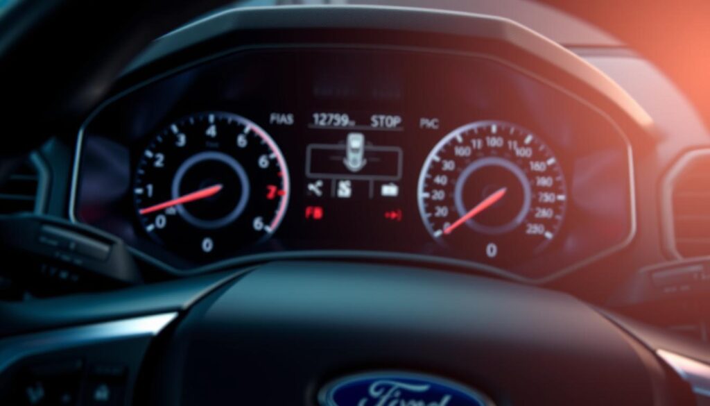 A detailed illustration of a Ford vehicle dashboard displaying the Start-Stop system controls, with a close-up view of the button and nearby warning lights. The foreground features the sleek design of the dashboard, emphasizing the Start-Stop button that is highlighted in a contrasting color. In the middle, include the gear shift and some functional icons indicating system status. The background should show a dimly lit interior of the vehicle, creating a focused atmosphere. Utilize soft, professional lighting to enhance the high-tech look of the dashboard and create a sense of clarity and precision. The mood is technical and informative, ideal for understanding vehicle systems, without any distractions or additional elements. A detailed illustration of a Ford vehicle dashboard displaying the Start-Stop system controls, with a close-up view of the button and nearby warning lights. The foreground features the sleek design of the dashboard, emphasizing the Start-Stop button that is highlighted in a contrasting color. In the middle, include the gear shift and some functional icons indicating system status. The background should show a dimly lit interior of the vehicle, creating a focused atmosphere. Utilize soft, professional lighting to enhance the high-tech look of the dashboard and create a sense of clarity and precision. The mood is technical and informative, ideal for understanding vehicle systems, without any distractions or additional elements.