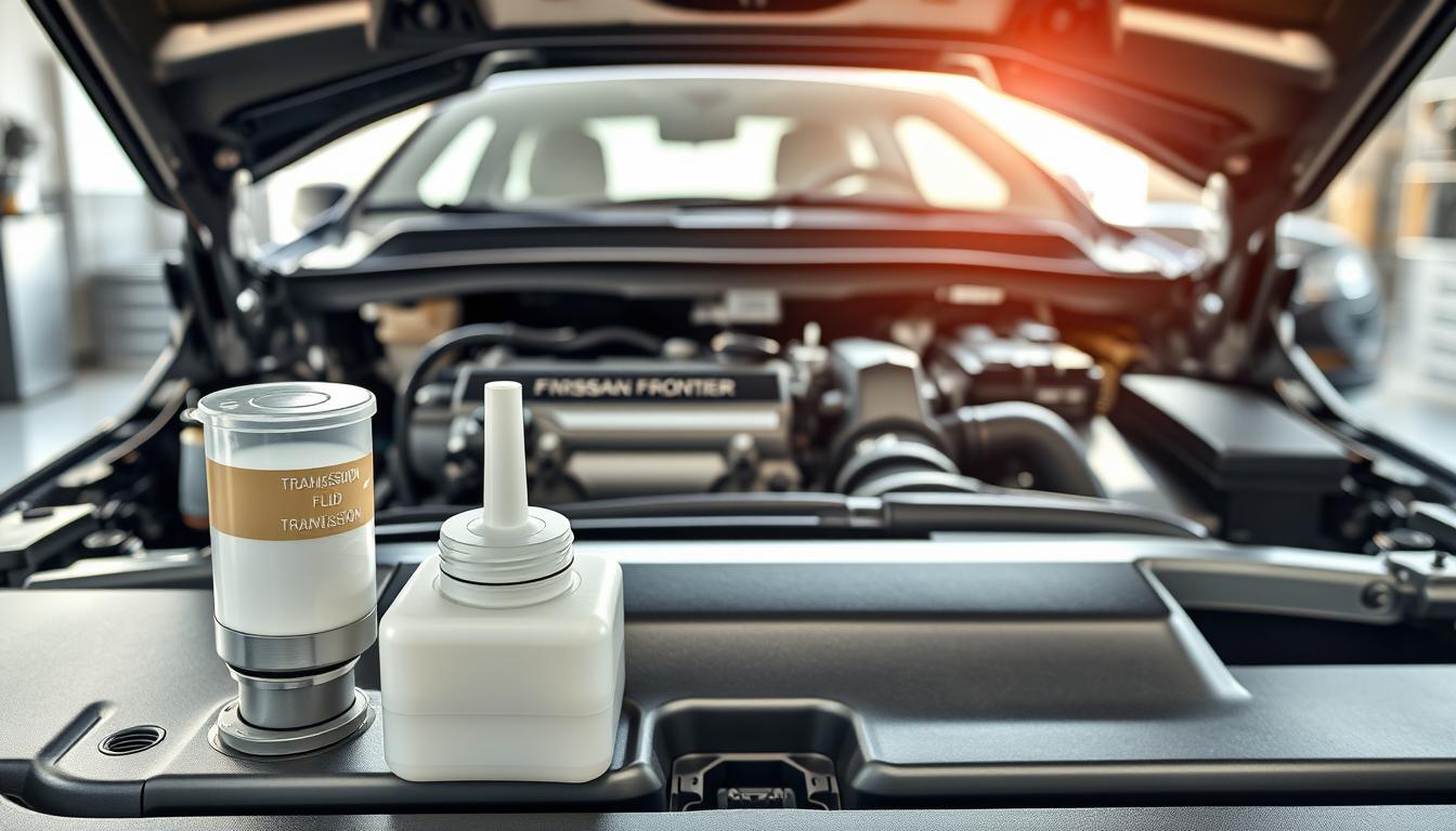 A detailed illustration of a Nissan Frontier's engine compartment with a focus on the transmission fluid area. In the foreground, prominently display a clean, well-labeled transmission fluid reservoir and dipstick, surrounded by tools like a funnel and measuring container. The middle layer should showcase the Nissan Frontier's engine components, with visible labels indicating the transmission mechanisms. In the background, softly blurred, include the sleek silhouette of a Nissan Frontier truck parked on a smooth, well-lit garage floor. Natural lighting enhances the metallic textures, while a slightly angled perspective captures the car's profile. The atmosphere should be technical and informative, conveying precision and attention to detail, perfect for an automotive specification article. No text or logos are included in the image.