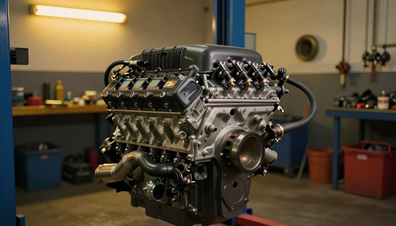A detailed view of a Chevy 6.6 gas engine, positioned prominently in the foreground. The engine should be intricately designed, showcasing its key components&mdash;like the intake manifold, fuel injectors, and exhaust system&mdash;highlighted by an array of mechanical parts that hint at performance issues. In the middle ground, include a dimly lit garage with tools and equipment suggesting a mechanic's workspace, with a slightly cluttered feel to enhance realism. The background should feature a soft-focus view of a workshop with warm, yellow overhead lighting creating an industrious atmosphere. The angle should be slightly tilted, capturing both the engine and its environment in a way that conveys a sense of investigation and scrutiny regarding the common problems associated with the Chevy 6.6 gas system.
