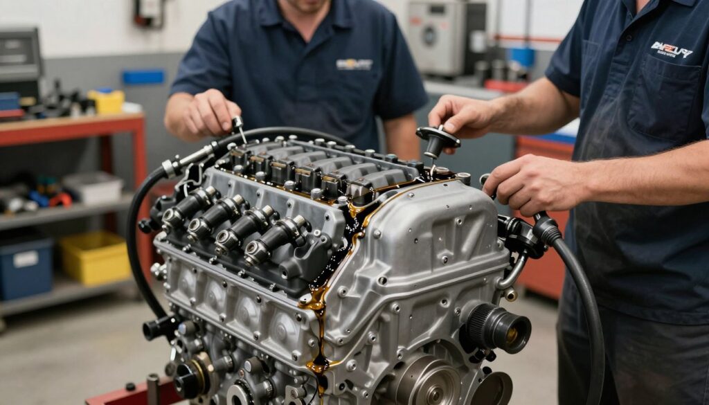 A detailed view of a Chevy 6.6 gas engine prominently displayed in a well-lit automotive workshop. The foreground features the engine block with its intricate components, showcasing the oil filter and fuel injectors, while excess engine oil is visibly spilling from a crack in the gasket, highlighting the issue of excessive oil consumption. In the middle ground, mechanics in professional attire are examining the engine with tools in hand, focused on identifying problems. The background is a blurred view of workshop equipment and shelves lined with automotive tools, creating an organized yet busy atmosphere. The lighting is bright and neutral, reflecting a typical garage environment, enhancing the mechanical textures and oil sheen on the engine parts. The overall mood is informative and technical, aiming to educate the viewer.