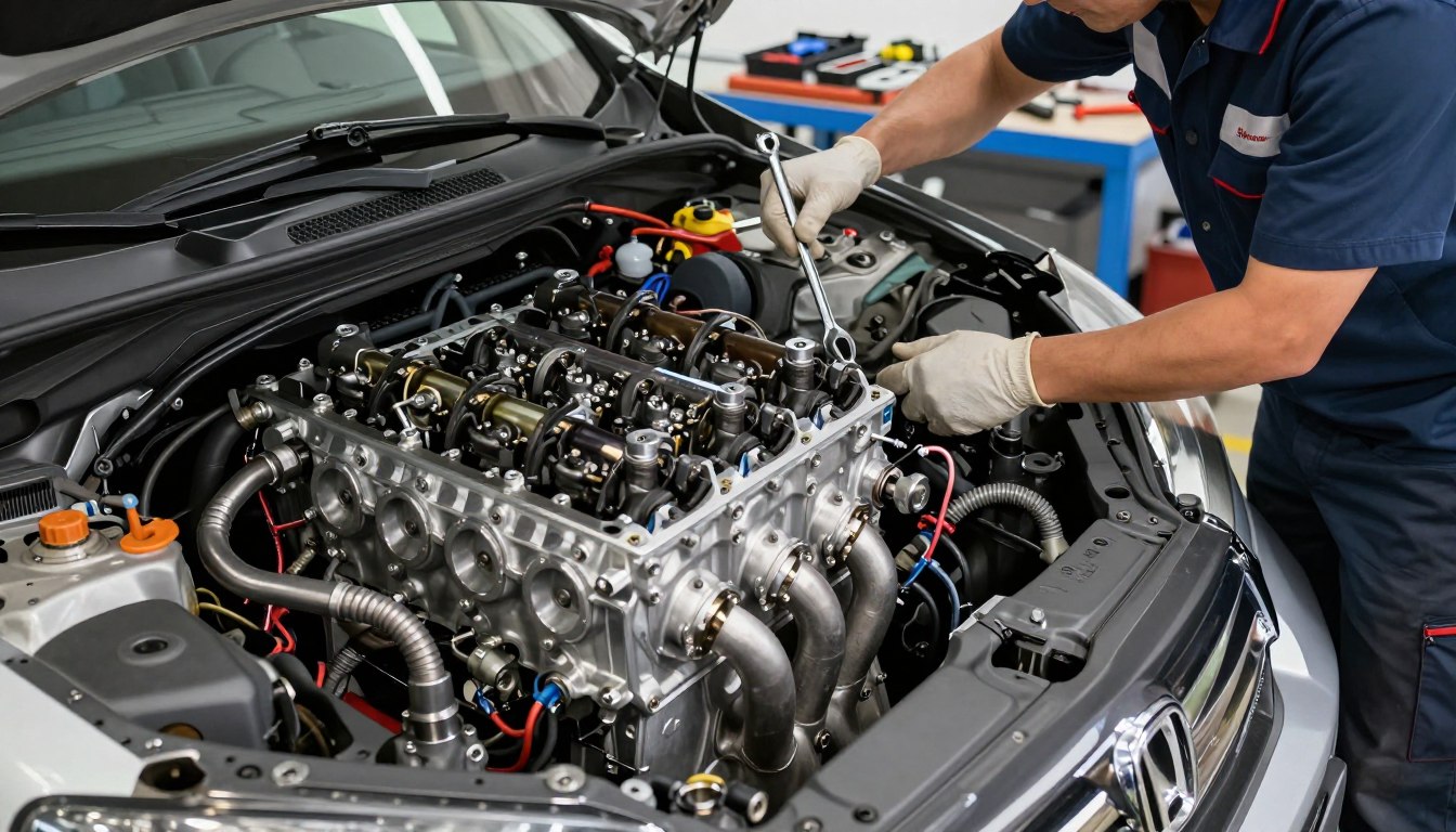 A detailed view of a Honda CR-V engine, showcasing the intricate components such as the cylinders, camshaft, and intake manifold. The engine is positioned prominently in the foreground, emphasizing its mechanical design with polished metal textures and complex wiring. In the middle ground, a mechanic in professional attire is examining the engine closely, using a wrench and engaging with the engine parts. The background features a well-lit garage environment with tools and equipment neatly organized, creating an atmosphere of precision and care. Soft, natural lighting highlights the details and enhances the metallic sheen of the engine components. The overall mood is one of professionalism and expertise, ideal for automotive maintenance.