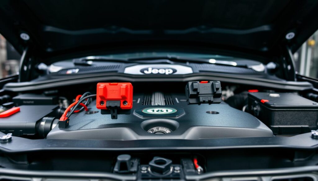 A detailed view of the engine compartment of a 2018 Jeep Grand Cherokee, focusing on the remote battery terminals located under the hood. In the foreground, highlight the two exposed terminals with clear red and black covers, connected to the vehicle&rsquo;s wiring. The middle ground features the engine itself, showcasing modern components like the air intake and engine cover, with visible bolts and hoses for added realism. The background fades into the dark, textured surface of the car's hood, with bright, clean LED lighting illuminating the workspace. Capture the scene from a low angle, emphasizing the depth and complexity of the vehicle's interior, conveying a professional and informative atmosphere. The overall mood should be technical and focused, highlighting the setup for maintenance or inspection.