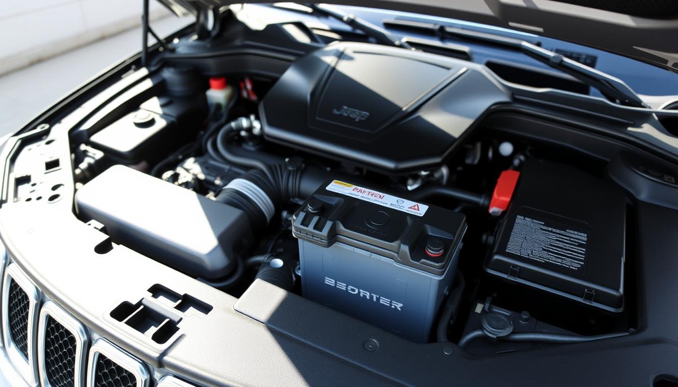 A detailed view of the engine compartment of a 2018 Jeep Grand Cherokee, showcasing the battery's location clearly. In the foreground, focus on the battery itself, highlighted with a clean, metallic finish and securely mounted within its bracket. The middle ground features the surrounding engine components, including wiring harnesses and the air intake, all neatly arranged. The background showcases the vehicle's hood partially raised, revealing a well-maintained engine bay. Utilize bright, natural lighting that emphasizes the sleek lines of the Jeep and creates soft shadows for depth. Capture the image from a slightly elevated angle, ensuring a clear perspective of the battery's position relative to other engine parts. The overall mood should convey professionalism and clarity, making it easy for viewers to identify the battery's location.
