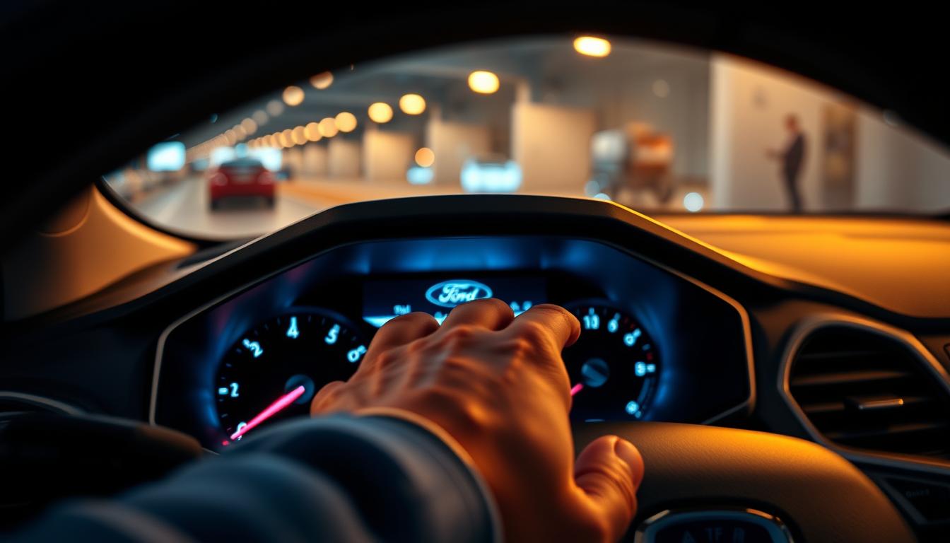 A dynamic automotive scene showcasing a close-up of the Ford Auto Start-Stop system settings displayed on a modern vehicle's dashboard. In the foreground, focus on the illuminated dashboard buttons featuring the start-stop icon, gleaming under soft ambient lighting. The middle ground reveals a hand reaching towards the button, exuding a sense of action. In the background, a slightly blurred interior of a Ford vehicle, emphasizing the sleek design and advanced technology. The lighting is warm and inviting, creating a professional yet approachable atmosphere. The angle captures the dashboard from a slightly elevated position to provide a comprehensive view of the system while maintaining clarity and focus on the buttons. The overall mood inspires confidence in mastering simple automotive technology.