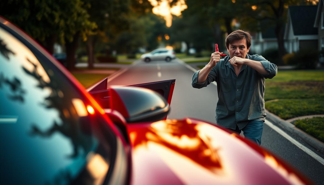A dynamic roadside scene depicting a car with its alarm activated, showcasing bright flashing lights and audible sound waves emanating from the vehicle. In the foreground, detail the shiny red car with open doors, highlighting the alarm system dashboard, focusing on the blinking lights. In the middle ground, a worried person dressed in modest casual clothing is seen attempting to disconnect a jumper cable, showing their expressive concern. The background features a suburban neighborhood setting, with trees and houses blurred to emphasize the foreground action. The lighting is dramatic, suggesting late afternoon, with shadows lengthening, creating a tense atmosphere as the alarm blares. The angle is slightly elevated, capturing the urgency of the situation without any text or distractions.