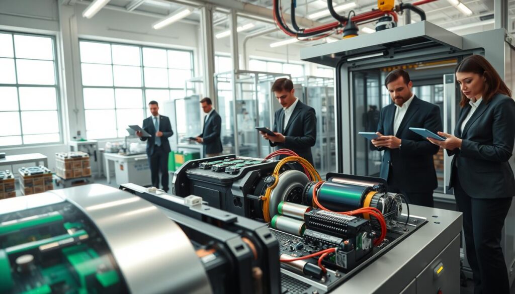 A futuristic battery recycling facility bustling with activity. In the foreground, a sleek, modern recycling machine disassembles electric vehicle batteries, showcasing colorful battery cells and circuit components. To the side, technicians in professional business attire carefully analyze materials, using tablets for data monitoring. In the middle ground, a well-organized workspace is filled with recycled battery parts, highlighting innovations in design and sustainability. The background features large windows allowing natural light to flood in, illuminating the clean and advanced technology within the facility. The atmosphere is energetic and optimistic, underscoring a green future, with bright colors and a polished look. Emphasize a sense of innovation and responsibility in this vital industry. A futuristic battery recycling facility bustling with activity. In the foreground, a sleek, modern recycling machine disassembles electric vehicle batteries, showcasing colorful battery cells and circuit components. To the side, technicians in professional business attire carefully analyze materials, using tablets for data monitoring. In the middle ground, a well-organized workspace is filled with recycled battery parts, highlighting innovations in design and sustainability. The background features large windows allowing natural light to flood in, illuminating the clean and advanced technology within the facility. The atmosphere is energetic and optimistic, underscoring a green future, with bright colors and a polished look. Emphasize a sense of innovation and responsibility in this vital industry.