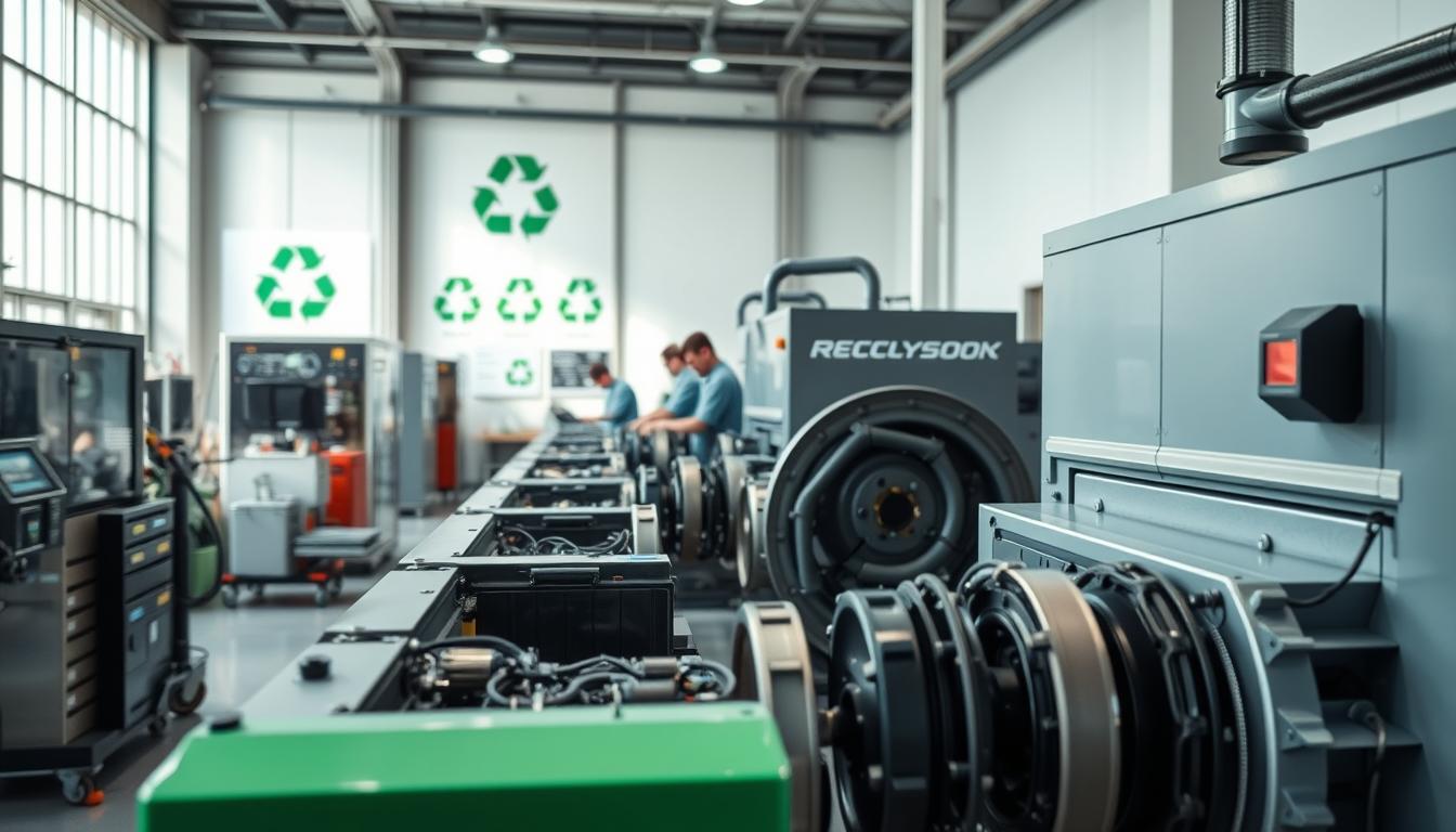 A modern battery recycling facility set in a well-lit, spacious room with high-tech machinery in the foreground. The focus is on a large recycling machine actively processing electric vehicle batteries, showcasing parts being disassembled. In the middle ground, workers in professional attire are seen carefully handling battery components, ensuring safety and efficiency. The background features green recycling symbols and informative posters about sustainability trends. The overall atmosphere is one of innovation and environmental responsibility, with bright, natural lighting streaming through large windows. The image should have a sharp focus with a slight depth of field effect, highlighting the workers and the machinery while softly blurring the background.
