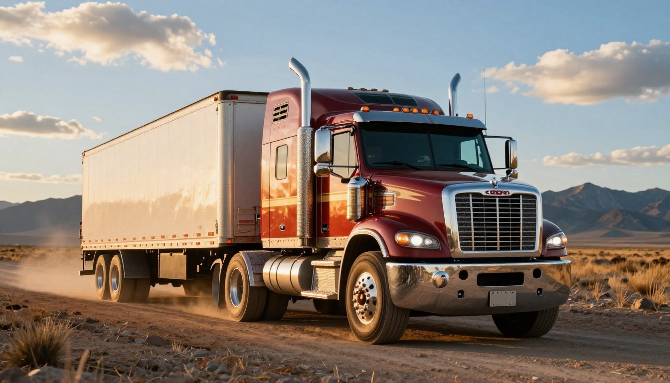 A powerful 3.0 Duramax diesel truck is showcased in an action-packed scene, towing a large, heavy trailer across an expansive, rugged landscape. In the foreground, the truck is prominently centered, gleaming in the golden hour light, highlighting its impressive size and robust build. The middle ground features the heavy trailer with visible cargo, emphasizing the towing capacity, while distant mountains provide a dramatic backdrop under a blue sky, dotted with fluffy clouds. The scene captures a sense of strength and capability, with vibrant colors and high saturation that evoke an adventurous spirit. The image is shot from a slightly low angle, enhancing the truck's dominance in the frame, with soft shadows that add depth, creating an atmosphere of power and reliability.