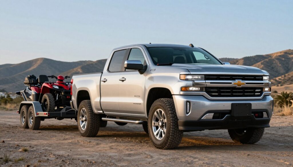A silver Chevrolet Silverado 1500 prominently positioned in the foreground, showcasing its robust towing capabilities. The truck is equipped with the Max Tow Package, featuring an integrated hitch and heavy-duty towing accessories, highlighting its powerful 3.0 Duramax engine. In the middle ground, a trailer loaded with outdoor gear such as ATVs or a boat adds context to its towing function. The background showcases a scenic landscape with rolling hills and a clear blue sky, accentuating the truck's rugged versatility. Soft, natural lighting bathes the scene, giving a warm, inviting atmosphere. The image is captured at a slight low angle, emphasizing the strength and stature of the Silverado while ensuring a clean and professional aesthetic. No people are present in the scene.