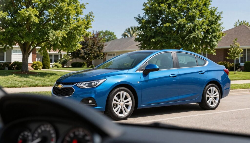 A sleek Chevrolet Cruze parked on a suburban street, showcasing its modern design focused on fuel efficiency. The car is gleaming in bright sunlight, emphasizing its metallic blue finish and aerodynamic lines. In the foreground, show a close-up of the gas gauge indicating a full tank, symbolizing exceptional fuel economy. In the middle ground, include lush green trees and a well-maintained lawn that conveys a sense of community and responsible ownership. The background features a clear blue sky, enhancing the overall sense of optimism. Use soft, natural lighting to create a relaxed atmosphere, suggesting peace of mind in ownership. Capture the scene from a low angle to highlight the car's profile and a sense of grandeur, showcasing its role as a reliable, economical vehicle.