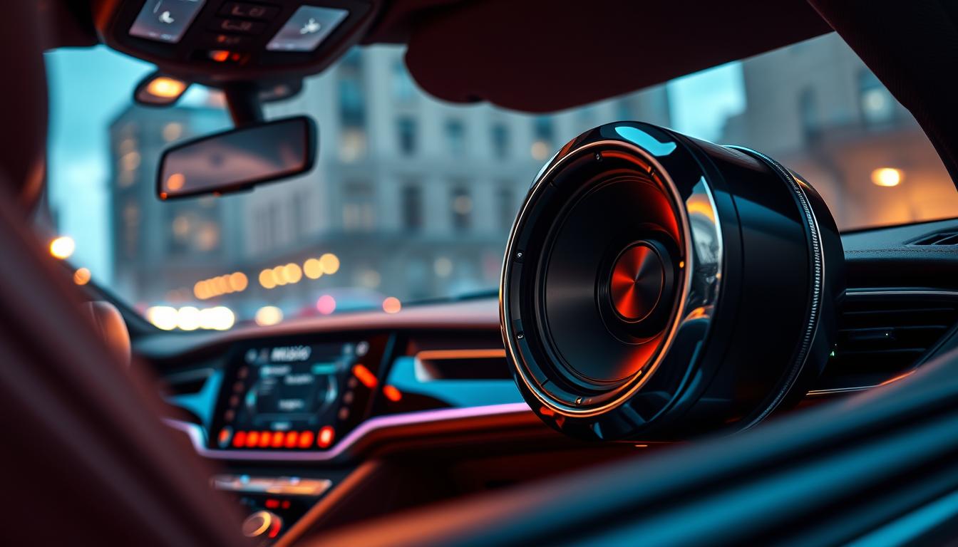 A sleek and modern car interior features a high-end audio system showcasing powerful bass speakers. In the foreground, a state-of-the-art speaker is prominently displayed, with glossy black and chrome finishes reflecting ambient light. The middle ground includes a carefully arranged dashboard with an advanced touchscreen interface, displaying music options, while soft LED lights add warmth and sophistication. The background captures a cityscape through tinted windows, emphasizing the modernity of the vehicle. Warm, ambient lighting floods the scene, creating a sophisticated atmosphere. The focus is sharp, with a slight depth of field effect isolating the speakers, inviting viewers to envision themselves experiencing rich, powerful sound quality as they drive.