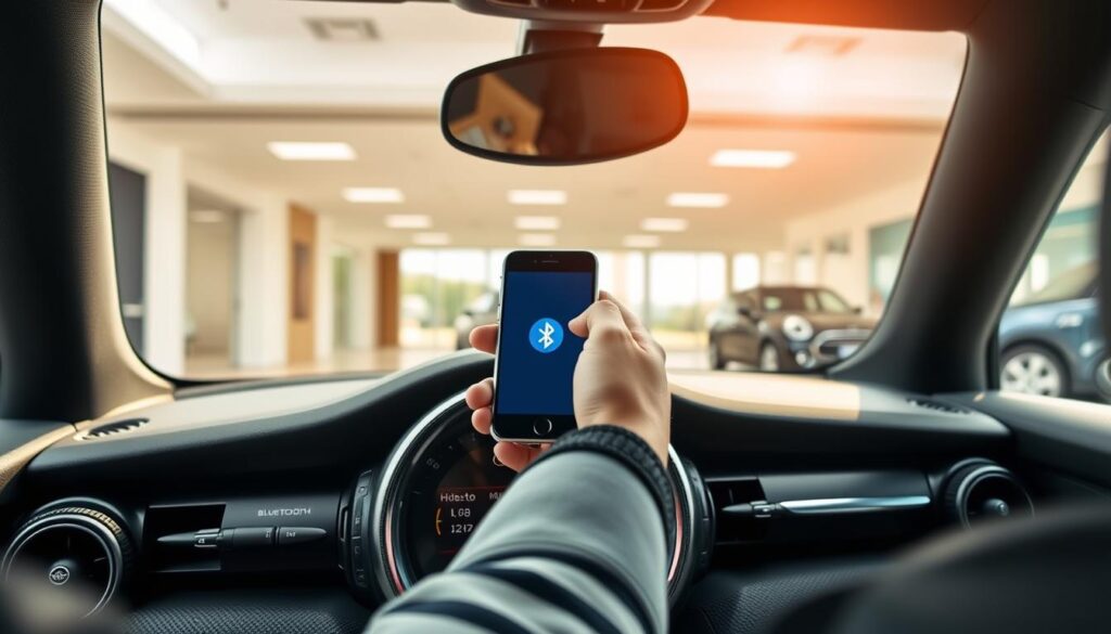 A sleek, modern Mini Cooper interior displayed prominently in the foreground, featuring the dashboard with a focus on the infotainment system. The screen displays a Bluetooth settings menu, highlighted to suggest action. In the middle ground, a hand in casual attire, equipped with a modern smartphone, is depicted, poised to connect via Bluetooth. The background features a soft blur of a well-lit car dealership, conveying a clean and professional environment. Natural light streams through the windows, creating a bright and inviting atmosphere. The overall mood is informative and practical, ideal for a quick and easy guide on resetting Bluetooth. The perspective is slightly elevated, capturing the essence of a user-friendly experience, ensuring clarity and focus on the task at hand.