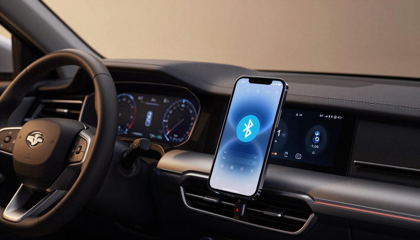 A sleek modern car interior, showing a close-up of a high-tech dashboard with a smartphone prominently displayed on a console, indicating a Bluetooth connection. The phone screen glows softly, visualizing the Bluetooth symbol and indicating connected devices. In the foreground, the steering wheel with integrated controls suggests user interaction. The middle background features digital display panels with connection settings and icons for ease of resetting. Subtle ambient light creates a warm and inviting atmosphere, simulating the glow from the dashboard instruments. The image is captured from an angle that offers depth, focused on the dashboard while blurring the rearview mirror slightly, enhancing the overall clarity and technical feel. The scene conveys a sense of ease and user-friendliness, ideal for illustrating how to reset a car's Bluetooth connection.
