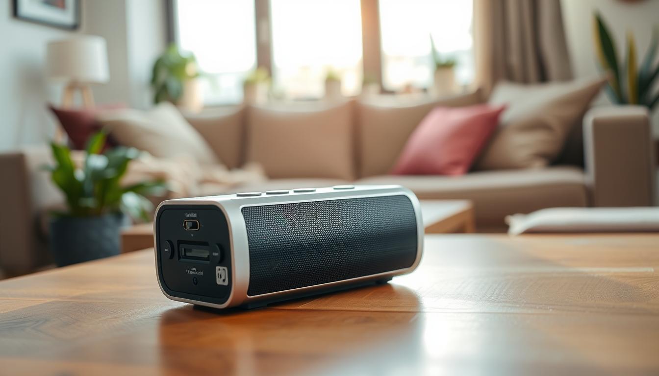 A sleek, modern portable Bluetooth speaker prominently features an SD card slot on its side. The speaker is set on a wooden table with a soft-focus background of a cozy living room, well-lit by warm, natural light coming through a large window. The speaker's surface is matte black with silver accents, showcasing its stylish design. In the foreground, a close-up captures the speaker's controls and the visible SD card slot. The atmosphere is inviting and relaxed, suggesting the ideal setting for music enjoyment. Details like a plush sofa and houseplants subtly enhance the homey vibe. The image is taken from a slightly elevated angle, emphasizing the speaker's features while keeping the background elements in a harmonious blur.