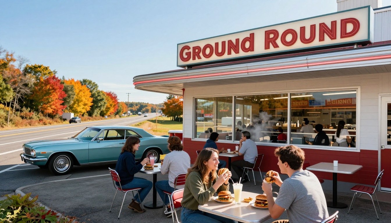 A vibrant roadside diner scene, featuring a classic Ground Round restaurant with a nostalgic 80s design, prominent signage, and a retro car parked out front. In the foreground, a group of automotive enthusiasts in casual, modest clothing enjoy burgers and milkshakes at outdoor tables, engaged in lively conversation. The middle ground showcases the diner with large windows revealing a welcoming interior, where the aroma of grilled food wafts through the air. In the background, a scenic highway stretches into the distance, lined with colorful autumn trees, under a bright blue sky. Incorporate warm, natural lighting to create an inviting atmosphere, with soft shadows highlighting the details of the diner and surrounding landscape. Shot at eye level with a slight wide-angle lens to capture the essence of a road trip dining spot.