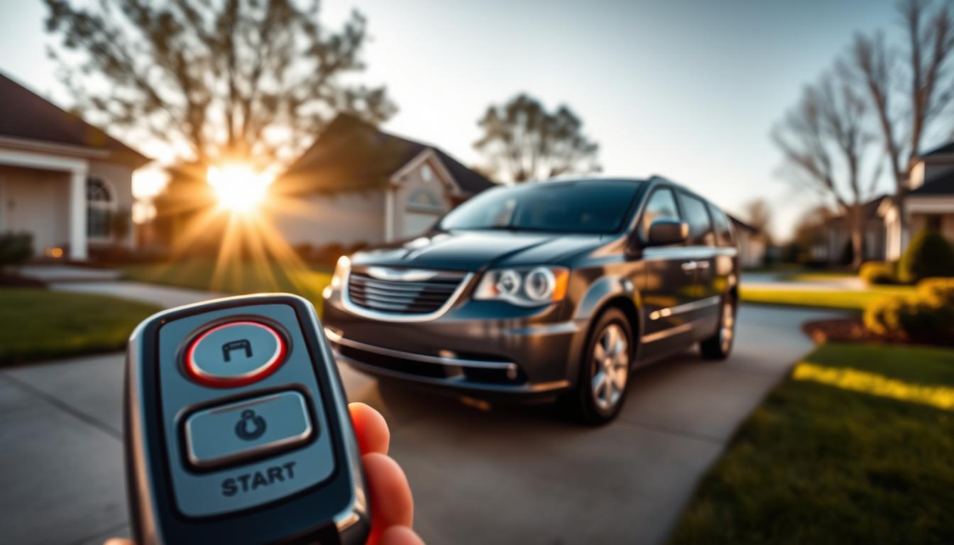 A vibrant scene showcasing a sleek Chrysler Town & Country minivan parked in a driveway, illuminated by soft afternoon sunlight. In the foreground, the key fob is prominently displayed in focus, featuring the remote start button highlighted. The middle ground captures the minivan, angled to show its sleek lines and modern design, with the engine running quietly. In the background, a suburban neighborhood is depicted, with well-kept lawns and trees casting gentle shadows. The atmosphere is calm and inviting, reflecting a cozy afternoon. The angle is slightly elevated and captures a wide view, creating an engaging yet professional aesthetic. The overall mood conveys a sense of sophistication and ease in using modern technology.