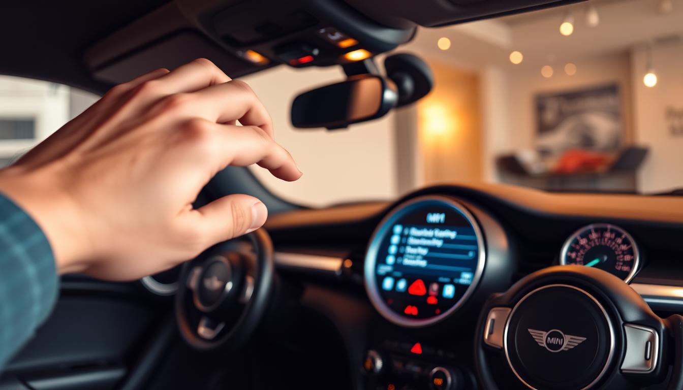 A vibrant scene showcasing the interior of a Mini Cooper, focusing on the dashboard with its advanced Bluetooth interface. In the foreground, a hand is reaching out to press the Bluetooth reset button, illustrating the action of reconnecting. The middle layer features a clear view of the sleek dashboard, with glowing buttons and a display screen showing the Bluetooth settings. The background captures the cozy ambiance of the car's interior, accentuated by soft, warm lighting that enhances the modern design. The angle is slightly tilted to add dynamism, while the overall atmosphere is practical yet inviting, symbolizing the ease of a quick reset.