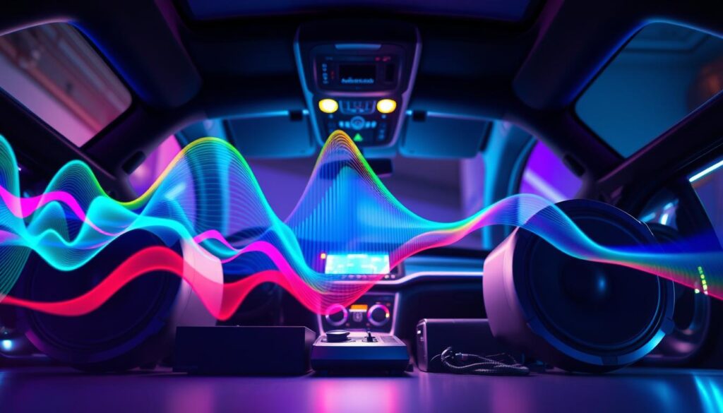 A visually striking representation of sound quality, featuring a dynamic audio visualizer with colorful sound waves in the foreground. The medium showcases high-fidelity speakers surrounded by a variety of audio equipment, emphasizing powerful bass response. In the background, a sleek, modern car interior is visible, highlighting the integration of sound systems into contemporary vehicles. The lighting is soft yet vibrant, with an emphasis on blues and purples, creating an immersive atmosphere. The scene is captured from a low angle, enhancing the sense of depth and resonance in the image. Overall, the mood conveys excitement and sophistication, appealing to audiophiles and car lovers alike.