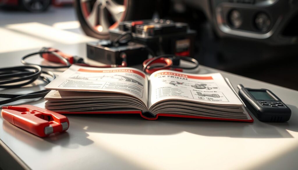 An open car owner's manual lies on a clean workbench, surrounded by various car tools like jumper cables and a battery tester. The manual is prominently displayed, showcasing color diagrams and detailed schematics, with the page turned to instructions for deactivating the alarm system. Soft, natural lighting illuminates the scene, casting gentle shadows that enhance the textures of the pages and tools. In the background, blurred car parts and a glimpse of a vehicle can be seen, emphasizing an automotive repair environment. A warm, informative atmosphere invites the viewer to engage with the content, highlighting the importance of consulting the owner's manual in practical situations. The angle captures the manual at a slightly elevated perspective, ensuring clarity and focus on the details.