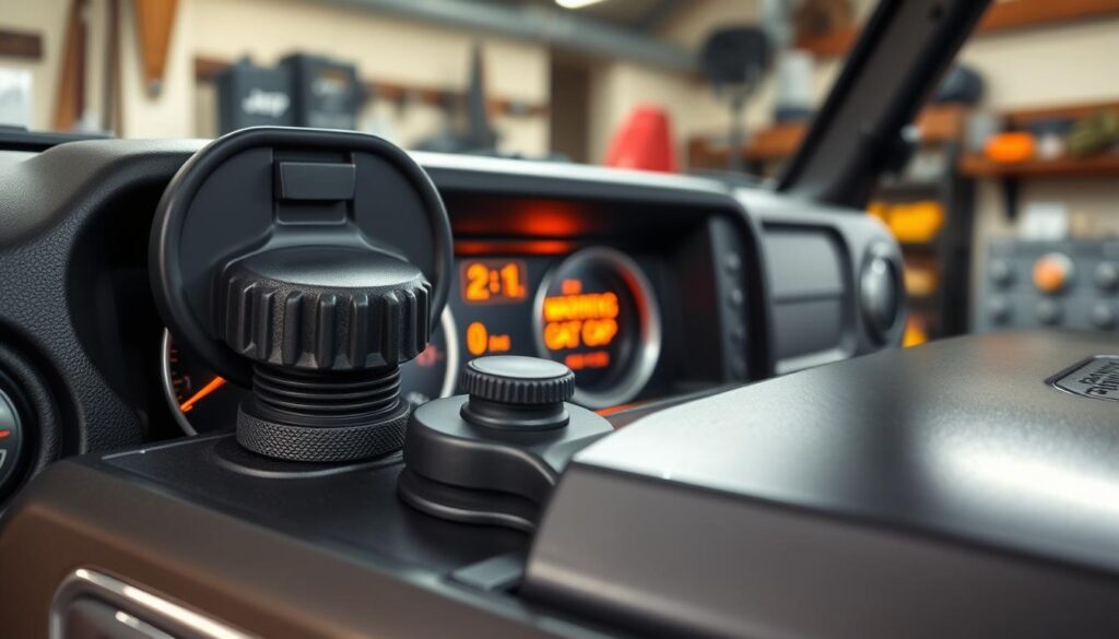 A close-up of a Jeep's gas cap area, highlighting a warning sensor indicator light glowing in amber on the dashboard. The foreground features the gas cap slightly opened, with clear details of the cap's texture and the surrounding paint of the Jeep, which has a rugged, outdoor aesthetic. In the middle, the dashboard is visible, showcasing modern instrumentation with the gas cap light illuminated. The background reveals a blurred garage environment, suggesting a mechanic's workshop, with tools and Jeep parts subtly visible. Use warm, natural lighting to create a realistic feel, and choose a slightly angled perspective that captures the vehicle's details effectively. The mood is informative and practical, emphasizing the importance of addressing the gas cap issue.