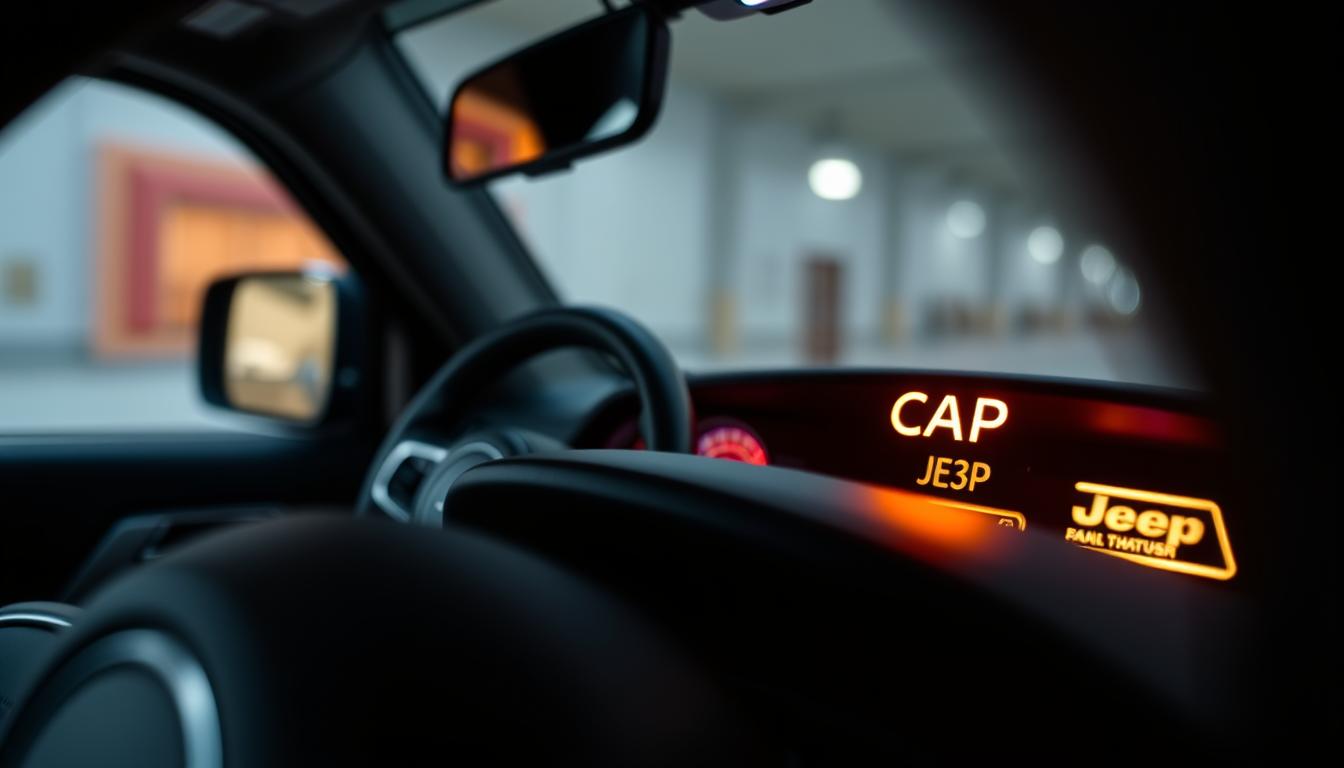 A close-up view of a Jeep's gas cap light illuminated on the dashboard, with a focus on the glowing icon that indicates the gas cap issue. The foreground features the sleek, modern interior of the Jeep, with the gas cap light prominently displayed, casting a soft, warm glow that contrasts with the dark dashboard. In the middle ground, blurred details of the steering wheel and other dashboard controls can be subtly visible, enhancing the sense of being inside the vehicle. The background is gently out of focus, depicting the vehicle's cabin, adding depth without distraction. The lighting is ambient, simulating the typical low-light environment of a car interior. The atmosphere is informative yet relaxed, perfect for a technical article.